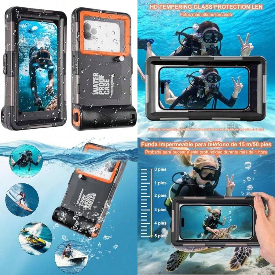 Funda Impermeable para Celular Profesional, Carcasa Submarina Universal Compatible con iPhone, , ,  y Android, Resistente hasta 15.2m para Surf, Natación y Buceo ()(Naranja) - Multicolor - Ver 1