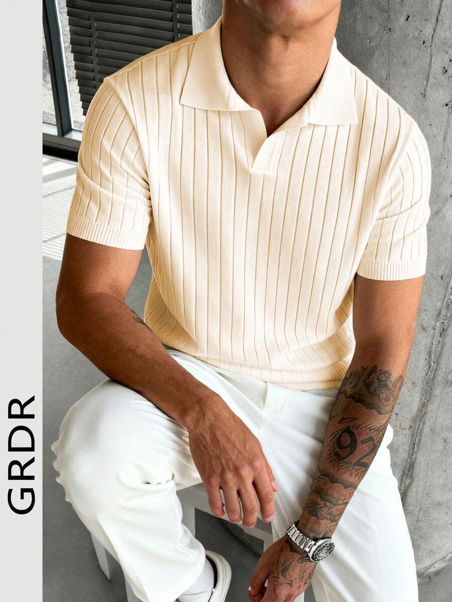 GRDR Men's Loose Thin Ribbed Polo Collar Knit Shirt, Short Sleeve, Summer - Apricot - View 1