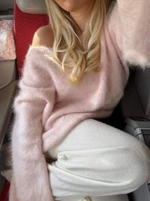 For Love & Bella 女士休闲可爱蓬松柔软宽松露肩长袖针织毛衣，圣诞节、新年、情人节礼物，粉色春季款 - 粉色 - 查看 2