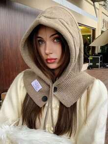 1pc Women Solid Color Fuzzy Balaclava Hat, Winter Warm Windproof Ear Protection Thicken Knit Cap, Cute, Casual, Elegant, Retro, Streetwear, Versatile, Fits Large Head, Suitable For Outdoor, Skiing, Cycling, Travel, Party, Daily Use