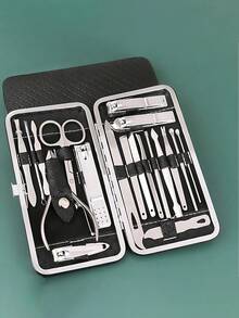 Juego de manicura y pedicura de 19 piezas, kit de cuidado de uñas profesional para manos y pies con cortaúñas, alicates de cutículas, tijeras para uñas y lima de acero inoxidable, con estuche de viaje. Herramientas de cuidado de uñas para hombres y mujeres - Negro - Ver 7