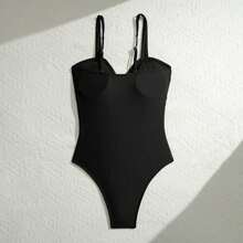 Elegant One-Piece Swimsuit With Adjustable Shoulder Strap, Cutout Design, And Pearl Embellishment In Apricot Color. - 黑色 - 查看 5