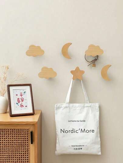 1 stuk decoratieve muurhaak met ster en maan, diervormig, zelfklevende houten muurhaak zonder boren, bloem- en wolkendesign, decoratieve hanger voor binnen, geweldig cadeau voor Valentijnsdag, decoratie