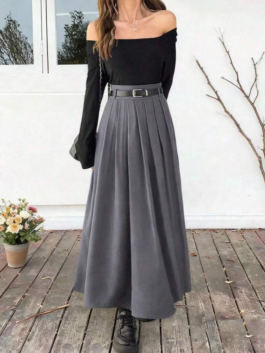 Chân váy xếp ly EARO Chic dành cho nữ, thiết kế cạp cao co giãn, chân váy dài xếp ly có thắt lưng thời trang, thích hợp cho mùa thu/đông. - Xám - Xem 1