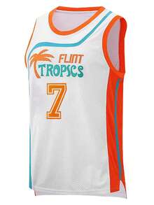 加大码7号白色篮球服，宽松无袖圆领上衣，饰有椰子树刺绣，适合篮球、运动、跑步、健身等场合。