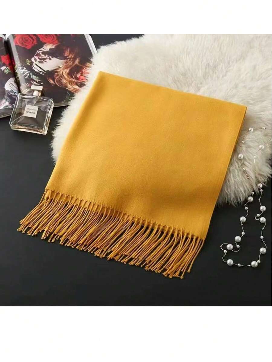 Casual Elegant Winter Scarf 150g With Fringes - 芥末黃 - 查看 1