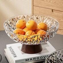 Large Capacity Fruit Plate, Living Room Party Candy Dish, Dessert Plate, Snack Plate, Reusable Faux Wood Grain Base, Drain Hole, Shockproof - Transparent White With Wood Grain Base - View 1