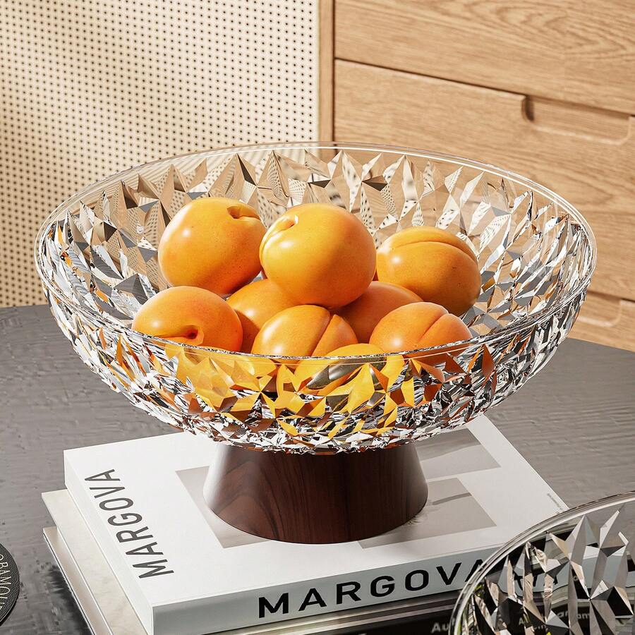 Large Capacity Fruit Plate, Living Room Party Candy Dish, Dessert Plate, Snack Plate, Reusable Faux Wood Grain Base, Drain Hole, Shockproof - Transparent White With Wood Grain Base - View 1