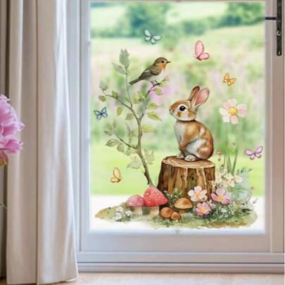 1/3/5pcs Cute Rabbit & Butterfly Window Stickers, Decorative Art Style Animal Pattern, Suitable For Glass Windows, Home, Bedroom, Balcony Decor, Self-Adhesive, Asymmetrical Shape, Easter Decoration