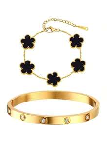 2件套女士可叠戴金手镯首饰套装，14K镀金花卉图案，镶嵌防褪色立方氧化锆，奢华礼品 - 五葉草套裝 - 查看 12