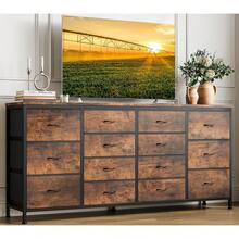 Cómoda de 63 pulgadas con 14 cajones tapizados, cómoda ancha con soporte para TV y puertos USB integrados, unidad de almacenamiento multifuncional para televisores de hasta 75 pulgadas - Marrón - Ver 7