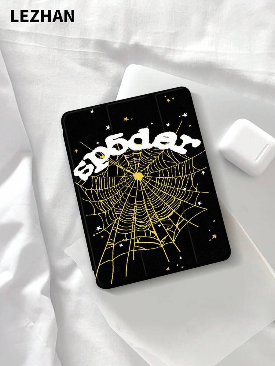 1个黄色蜘蛛网和星形图案平板保护套，兼容iPad 10.2英寸、iPad Pro 11英寸（2021/2020/第十代）、iPad Mini 4/5/6、Galaxy Tab A8 10.5英寸（2022）、Matepad 10.4英寸/平板电脑，带笔槽，防摔，带支架功能。