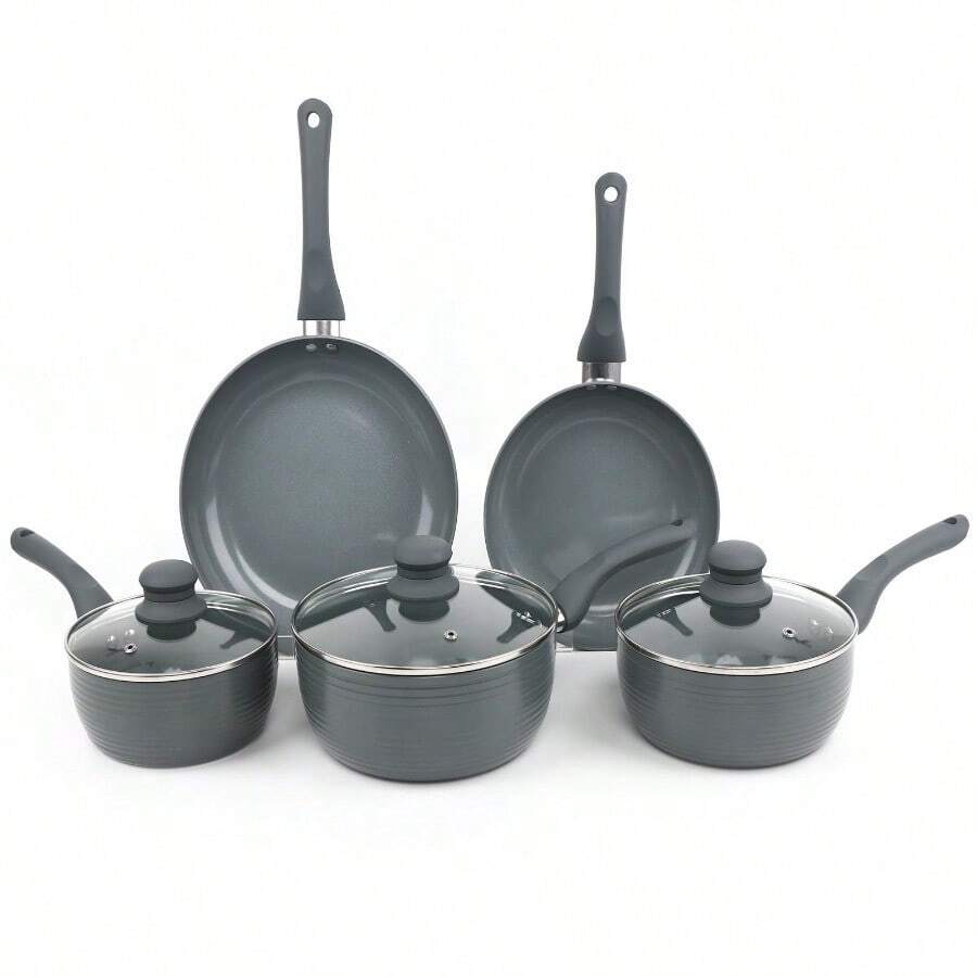 Grey 8pcs Ribbed Cookware Set Non Stick Induction Pans Saucepans Cooking Pots - 8 Piece Ribbed Pan Set - View 1