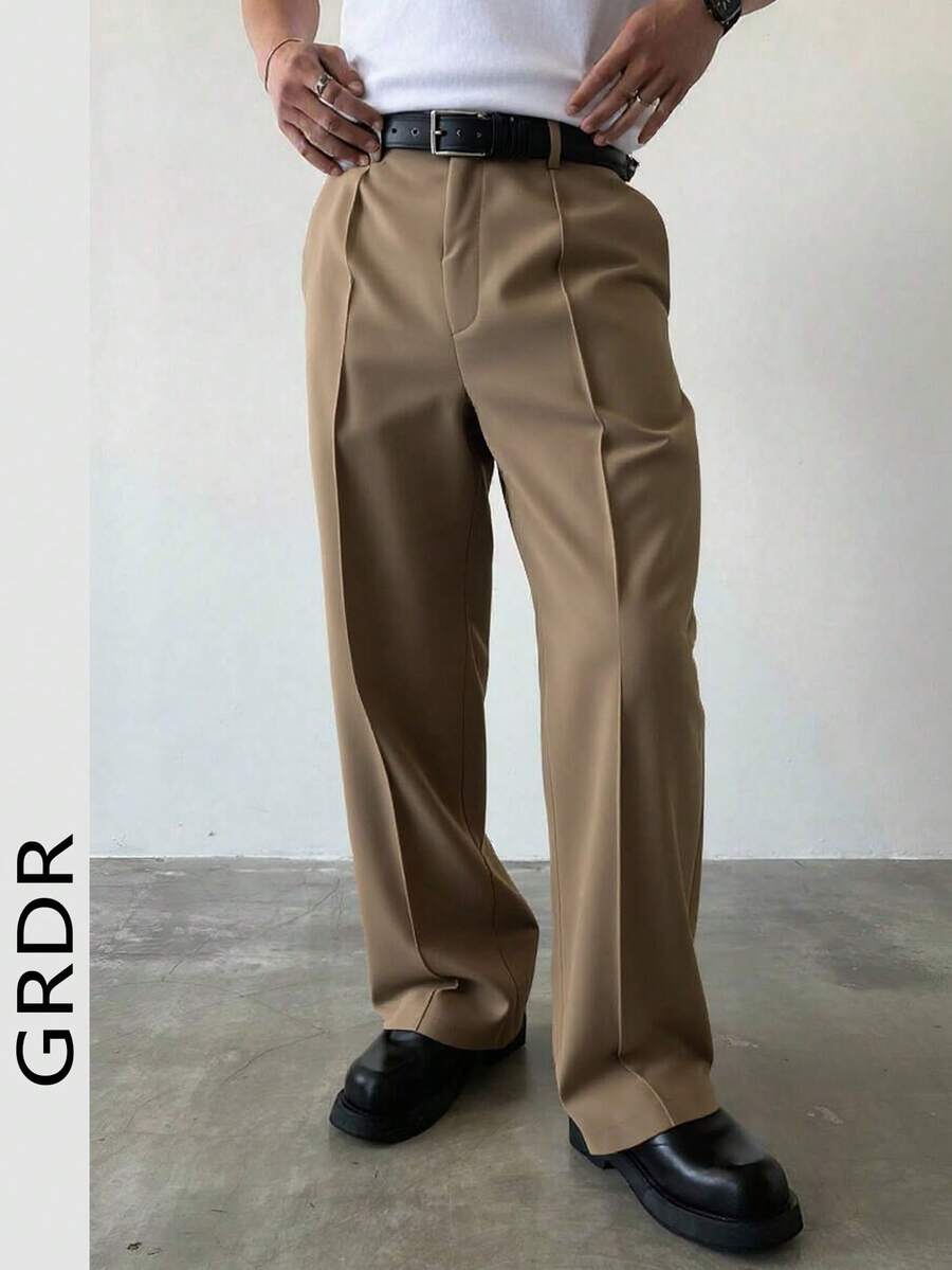 GRDR 男士时尚宽松阔腿西装裤，适合休闲和商务场合穿着 - 咖啡棕 - 查看 1