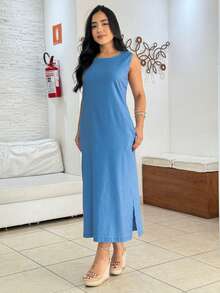 Women's Linen Midi Dress With Pockets, Plain, Wide Straps, Elegant - 霧霾藍 - 查看 4