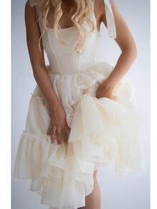 Tulle Prom Dresses Ruffled Trim Tie Back Sleeveless Long Formal Evening Dresses For Women A-Line Open Back Cocktail Ball Gown - 淡黃色 - 查看 5