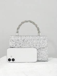 1 件 Nocturne 手袋，时尚优雅的亮片水钻手提包，配有肩带，晚宴手拿包 - 銀色 - 查看 5