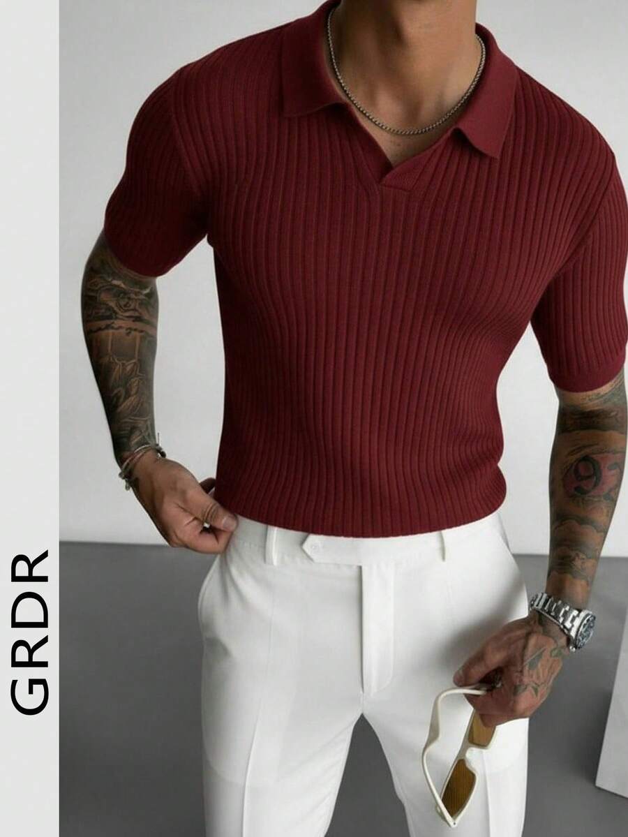 GRDR Men's Summer Solid Color Polo Collar Short Sleeve Knit Sweater, Suitable For Summer Outings, Essential For Fashionable Styling