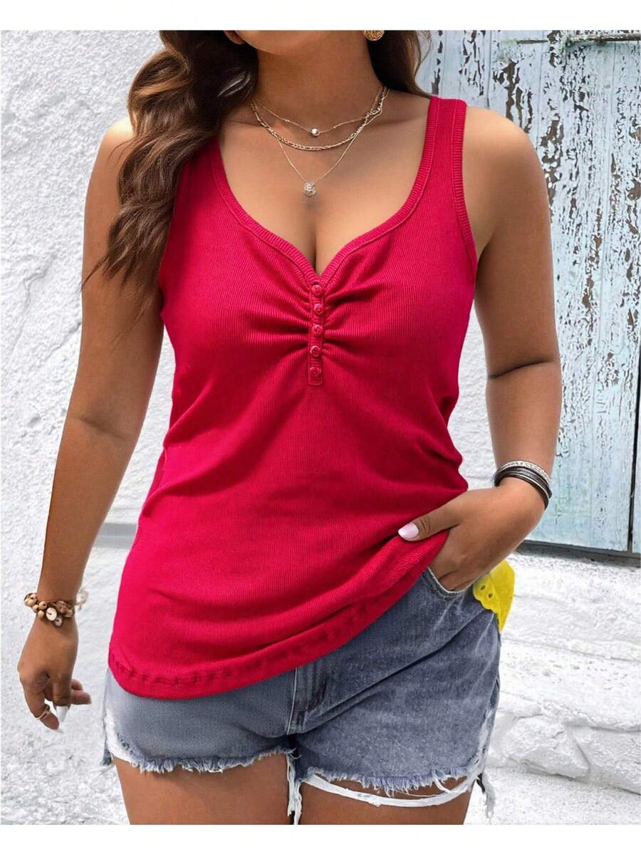Pure Cotton Tank Top With Ribbed Design In The Middle, Knitted Fabric With Buttons. - Watermelon Pink - View 1