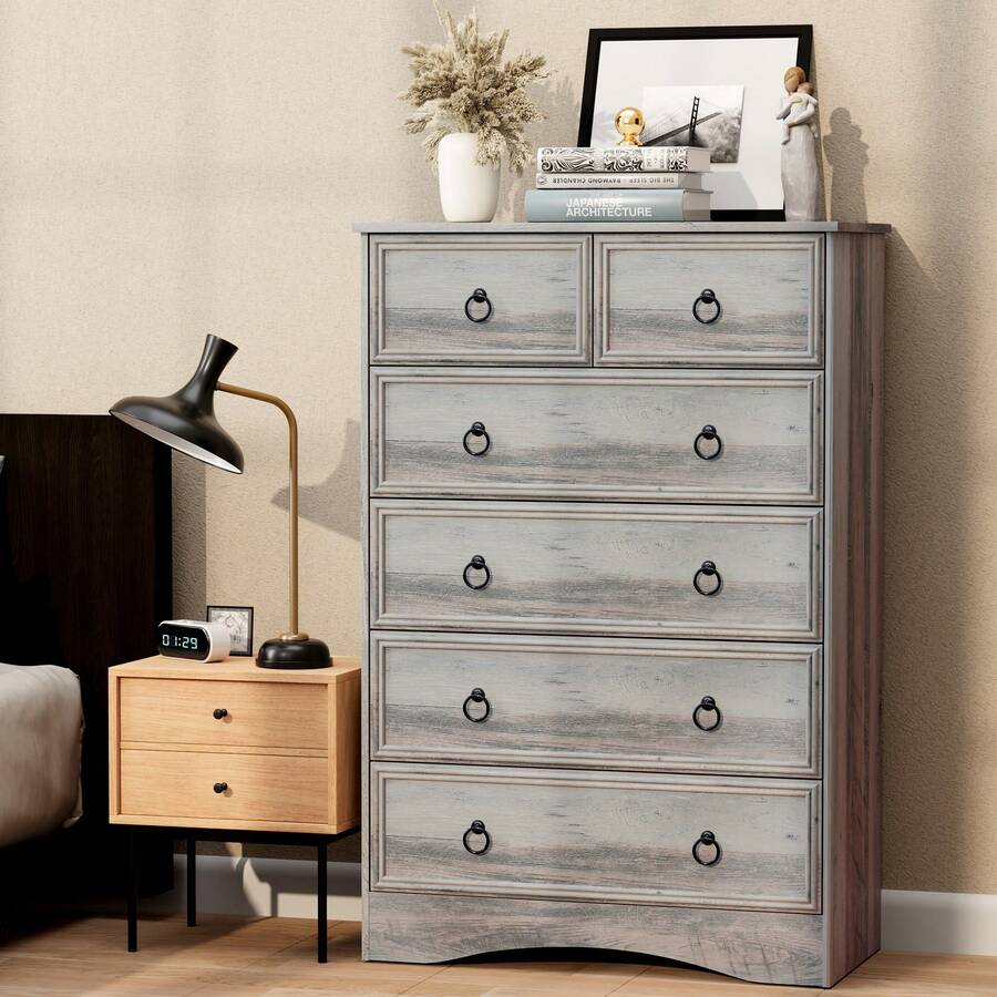 Grey 6 Drawers Dresser, Light Rustic Oak Dresser, Tall Wood Chest Of Drawers, Storage Organizer For Clothes, Grey Vintage, For Living Room, Bedroom, Hallway - Grey - View 1