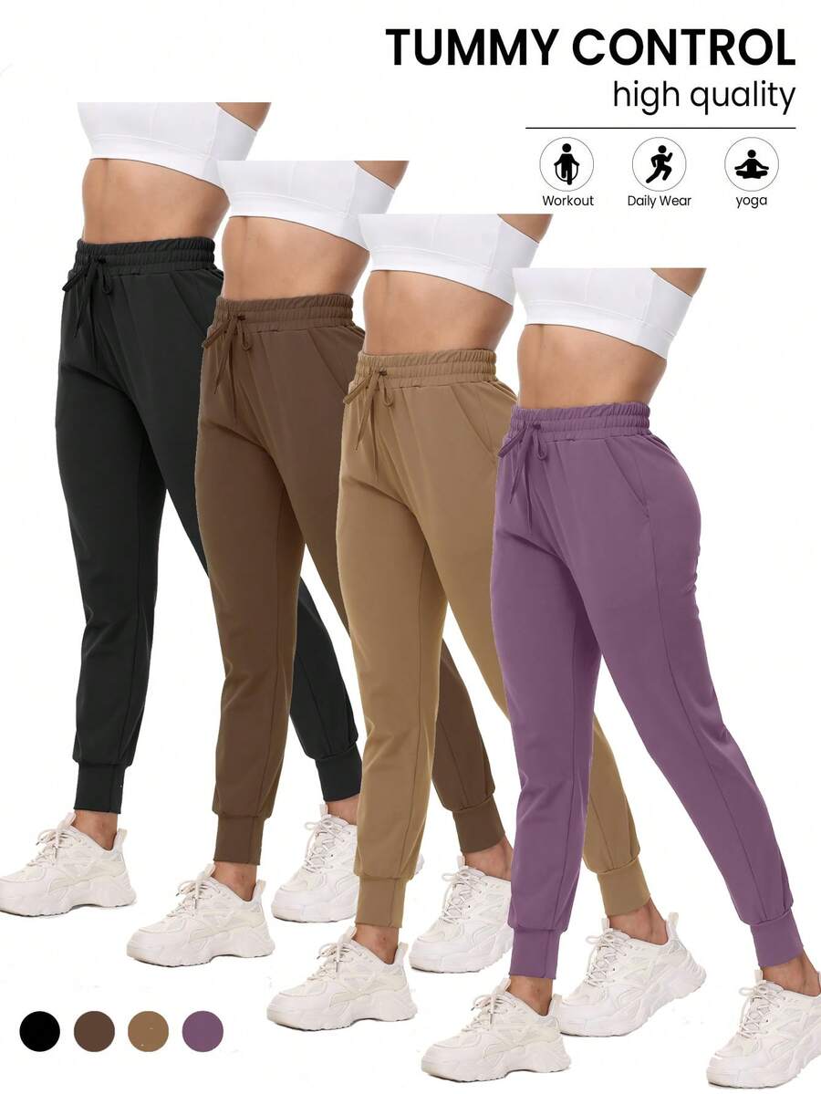 4 Pack Joggers For Women - Sweatpants With Pockets Lightweight Comfy Yoga Pants For Workout Travel Lounge - 黑咖啡+摩卡+中豆沙+咖啡 - 查看 1