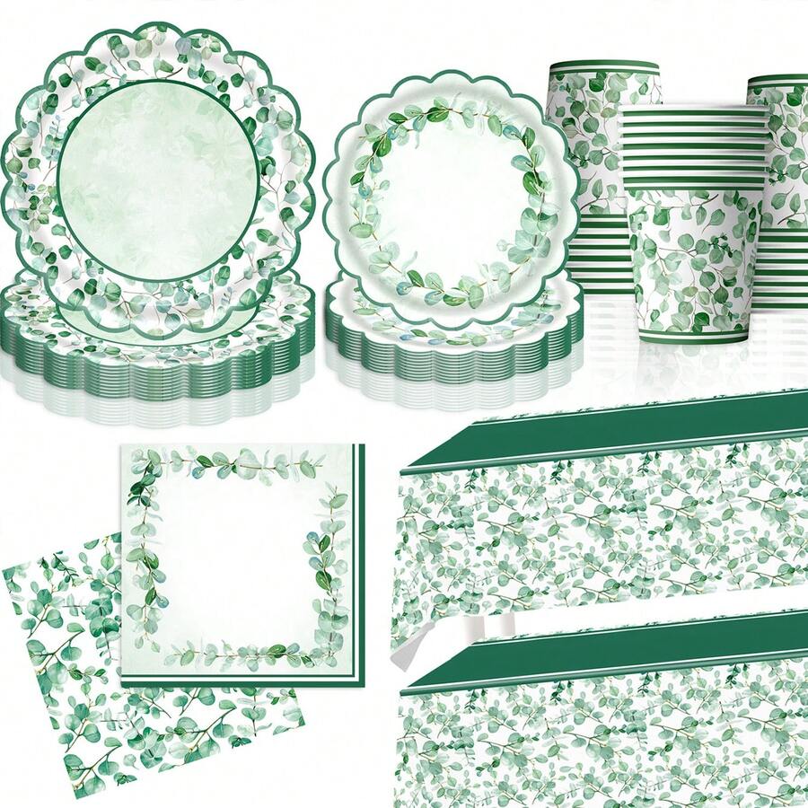 10pcs Sage Green Party Supplies, Disposable 7/9 Inch Paper Tray 9 Oz Cup Cutlery Napkin For Spring, Wedding Shower, Bridal Birthday Party, Family Party, Outdoor Camping Picnic, Holiday Party Supplies - Multicolor - View 1