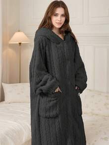 秋冬季女士法兰绒宽松加大码睡袍 - 睡衣，厚实保暖，柔软舒适，纽扣前襟，长袖，带帽，配有2个大口袋，长款睡袍家居服，浴袍，可机洗 - 彩色 - 查看 3