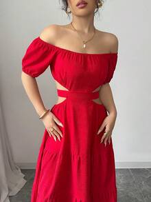 Women's Dresses, Printed Maxi Dress With Off-The-Shoulder And Waist Detail, Retro Resort-Style Dress With A Fitted Waist, Boho-Style Maxi Dress That Slims The Silhouette. - Xem 10