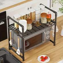 Heavy-Duty Extendable Microwave Oven Rack With Hooks - A Space-Saving Countertop Storage Rack With A Sturdy Iron Structure That's Easy To Clean. Suitable For Microwaves, Ovens, And Other Appliances. Can Be Used As A Storage Rack In The Kitchen, Bathroom, Living Room, Or RV. An Ideal Space-Saving Gift.