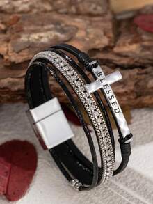 Vòng tay nữ phong cách Bohemian, chất liệu da PU hình chữ thập, thích hợp làm quà tặng, đeo khi đi làm và phối đồ thời trang. - màu đen - Xem 4