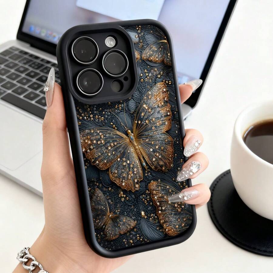 Funda de Teléfono Diseño de Mariposa Negro y Dorado para  15 Pro Max  14 Pro  13  Galaxy S23 S22 S21 Protector de Teléfono Funda de Pareja Regalo para Él Ella San Valentín Cumpleaños - Café integral - Ver 1