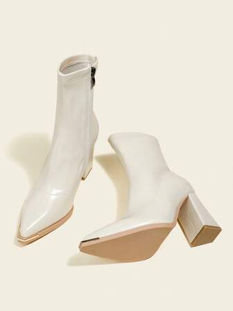 8.5cm Chunky Heel Ankle Boots & Short Boots, Pointed Toe, Comfortable, Fashion, Beige, For Women