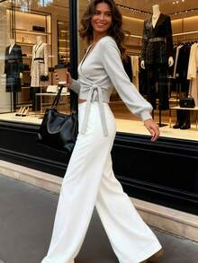 2025 Pull tricoté à nouer pour l'automne/l'hiver, blanc, indispensable pour les femmes à la maison, pour le trajet, les rendez-vous, les voyages, convient à diverses occasions, gris clair