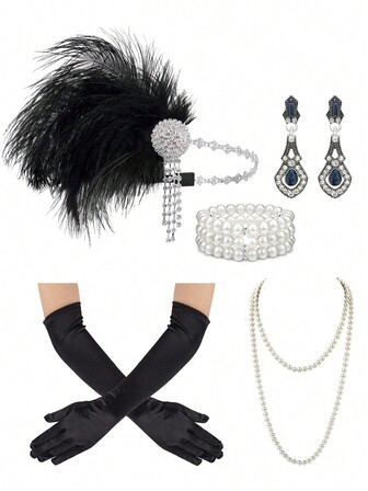 5 Stücke 1920er Jahre Flapper Feder Haarband, Legierung Strass Ohrringe, lange Perlenkette, 1920er Jahre Satin Handschuhe Set für Frauen, 20er Jahre Flapper Accessoires, großartige Gatsby Themen Party