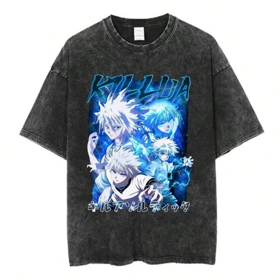 Vintage Washed Anime T Shirt Spider Phantom Troupe Hisoka Chrollo Short Sleeve T-Shirt Men Women Summer T-Shirts - màu đen - Xem 1