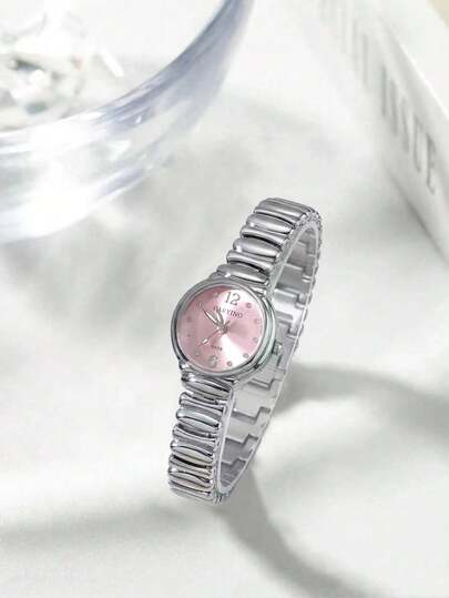 1 pieza Reloj de mujer CARYINO de estilo clásico con correa plateada, esfera redonda minimalista rosa con rhinestones, accesorio de moda elegante y casual, adecuado para uso diario, combinación de atuendos, regalo de cumpleaños