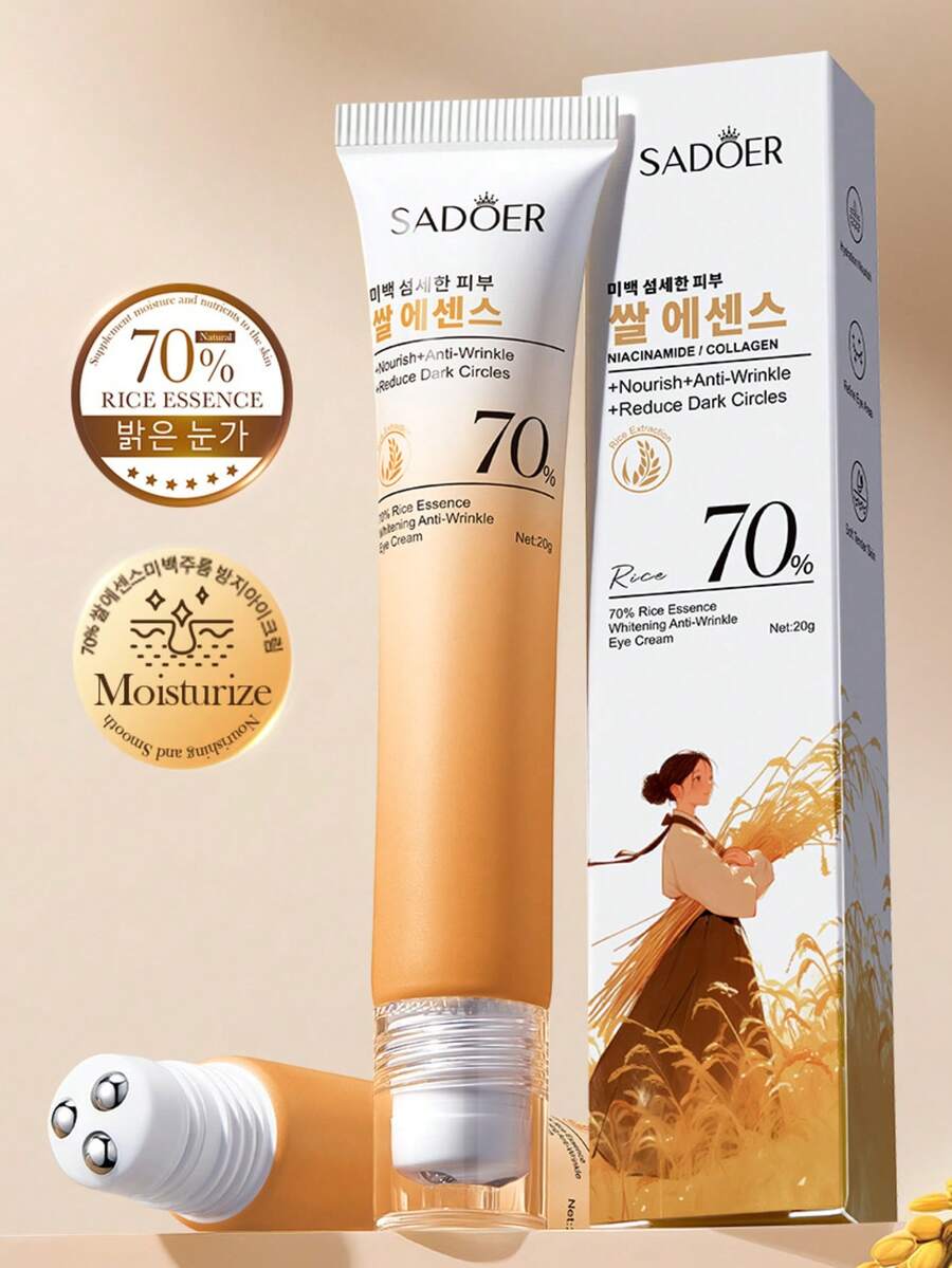 SADOER 20g 70% Rice Extract Brightening & Anti-Wrinkle Eye Cream, Rice-Based Eye Mask, Nourishing, Suitable For Those With Eye Fatigue, Fine Lines, And Late Night Habits - Use Daily, 1 Bottle Lasts 1 Month - hộp - Xem 1