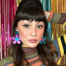 ONLYJUMP Vintage 60s 70s Flower Earrings - Colorful Floral Big Acrylic Daisy Dangle For Women - Lily Petals Hawaii Plant Statement Fashion Jewelry,GlitterBlueRoseRed - 閃亮藍玫瑰紅 - 查看 3