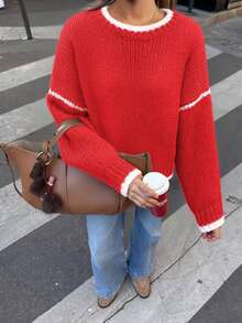 Women's Fashion Romantic Chunky Knit Contrast Trim Long Sleeve Pullover Sweater, Suitable For Dates In Winter