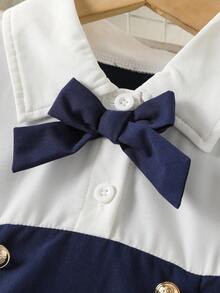 Tween GirlsFashion Splice Shirt Collar Bow Tie Long Sleeve Knee-Length Dress, Spring/Autumn - Royal Blue - View 3