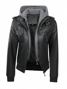 Women's Retro Style Synthetic Leather Motorcycle Jacket - High Quality, Windproof & Tear-Resistant With Detachable Hood, Zipper Closure & Machine Washable - Black Casual Outdoor Riding Jacket For Women And Teens, Durable Zipper Design, Winter - 黑色 - 查看 2