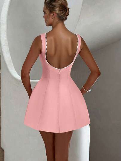 2026 Spring/Summer Women's Elegant Pearl Decor Backless Sleeveless Round Neck Waist Flared Mini Dress, Elegant Party Dress, Elegant Dress, Women's Concert Outfit, Valentine's Day Outfit, Y2K Fashion, Club Outfit, Streetwear, Holiday Outfits For Women, Festive Outfits For Women, Casual Women Outfits, Party Dress