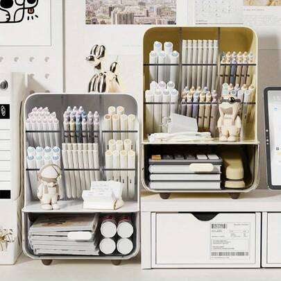 1pc 360° Rotating Brush Holder - Fashionable White Plastic Storage Box For Art Brushes, Pens, Makeup Tools - Glazed Finish Space-Saving Desktop Accessory, Makeup Brush Holder. Essential For Vanity, Office, Art Studio