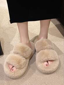 2025新款女士厚底高跟毛绒拖鞋，适合户外穿着，秋冬季网红风，娇小身材适用，增高厚底一脚蹬拖鞋，办公/居家两用，尺码34-42 - 卡其色 - 查看 2