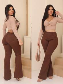 Faraya Jeans Women's Flare Jeans Available In Beige/Khaki/Brown/Black/White/Green, Super Comfortable, High-Waisted With Lycra. - 咖啡棕 - 查看 4