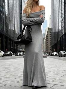 Women's New Style Grey Off The Shoulder Ribbed Tight Long Sleeved Soft Casual Versatile Fashionable Elegant Club Party Knit Maxi Dress, Fall And Winter - Grey - View 4