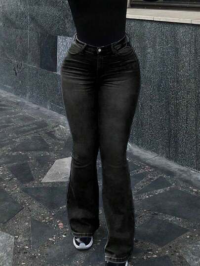 大码女式破洞弹力修身喇叭牛仔裤