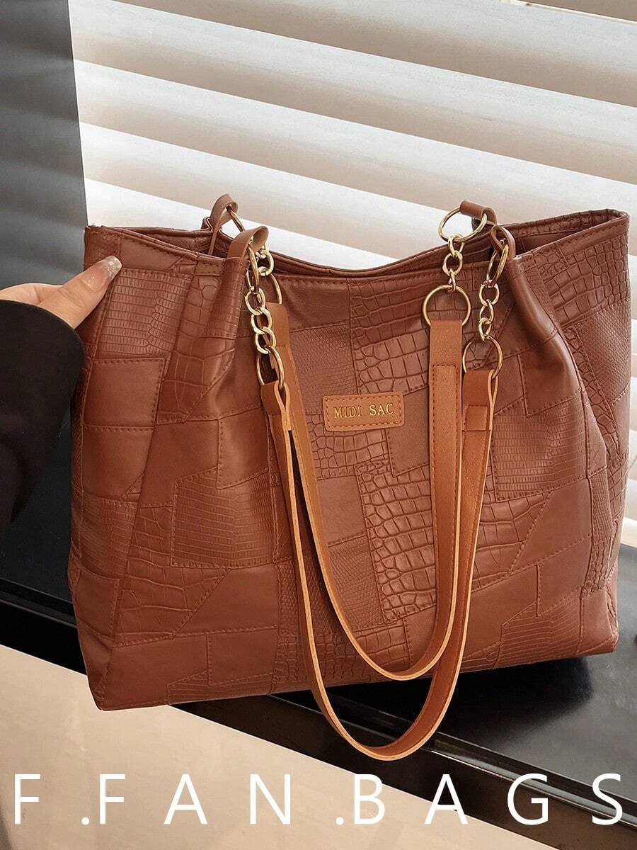 Nuova borsa a tracolla/borsetta casual in pelle PU di grande capacità, borsa a spalla/borsetta da donna di moda in colore unito con cerniera - Castano - Visualizzare 1