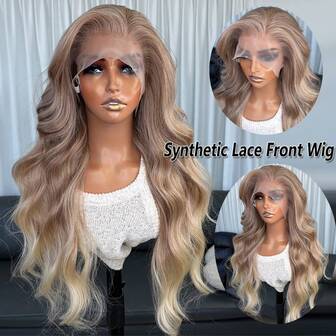 Parrucca frontale in pizzo con onde lunghe da 22 pollici, colore biondo sfumato, con frangia, in fibra Kanekalon Futura, senza colla, resistente, capelli sintetici, densità 150%, pronta da indossare, adatta per uso quotidiano, feste, festival e vacanze, facile da usare, parrucca in pizzo trasparente
