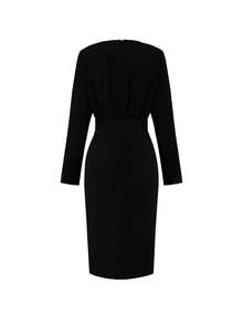 女士优雅长袖中长连衣裙，纽扣细节，侧开衩设计，纯色，适合家庭聚会、约会、通勤等各种场合 - 女士优雅春季连衣裙 - 黑色 - 查看 4